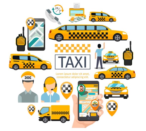 flat-taxi-service-round-concept-with-driver-operator-passenger-radio-set-map-pointers-money