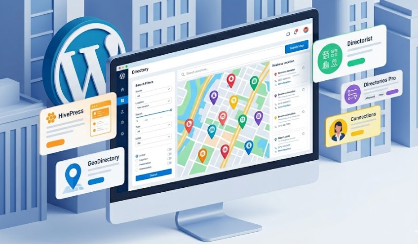 WordPress business directory plugin interface with map and listings