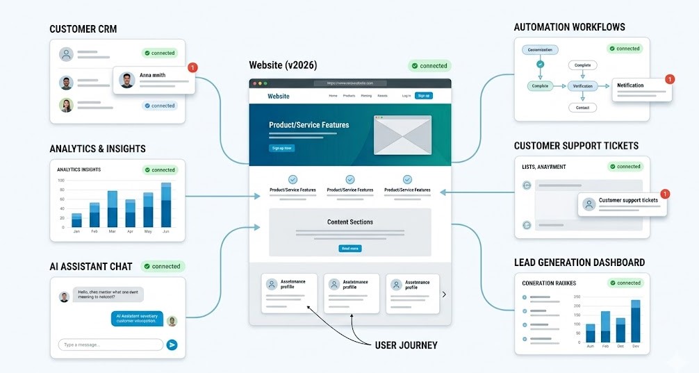 Схема, показывающая, как сайт компании объединяет CRM, автоматизацию, аналитику, формы и данные клиентов Title: