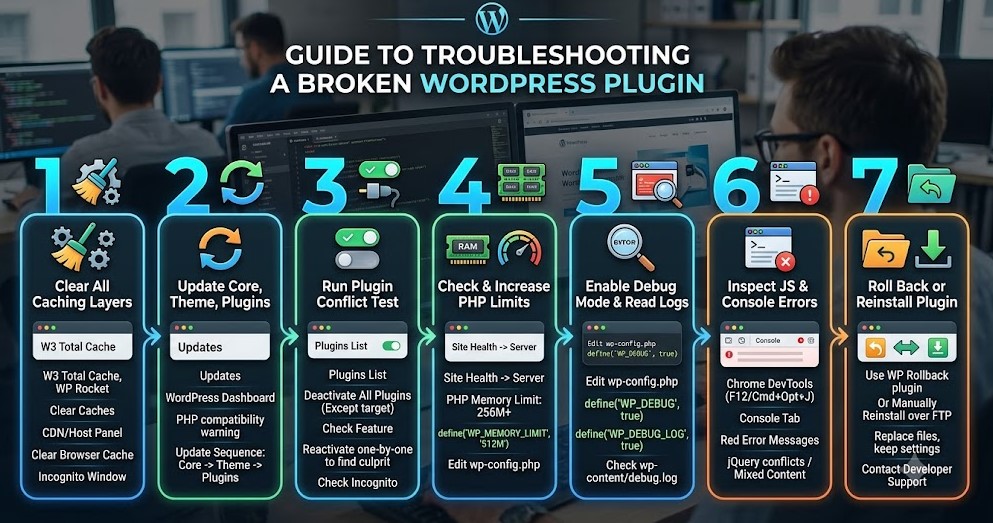 Infographic showing 7 steps to troubleshoot a broken WordPress plugin, from clearing cache to reinstalling