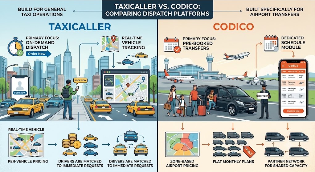 Vergleich von TaxiCaller und CodiCo als Dispatch-Software für Flughafentransfer- und Taxiunternehmen