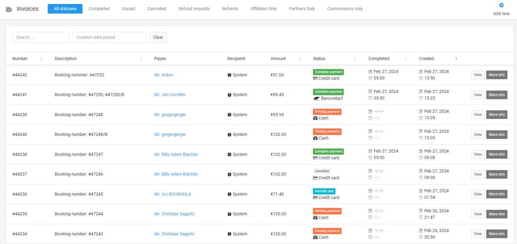 Corporate airport transfer bookings list in CodiCo account dashboard