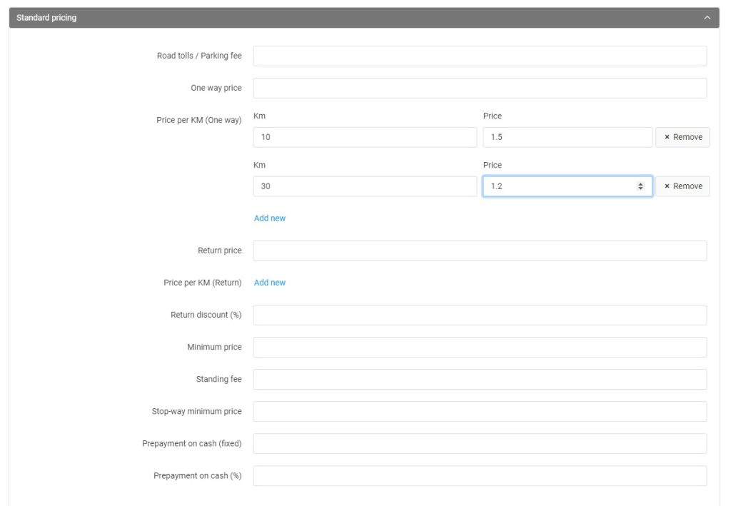 CodiCo zone-to-zone pricing configuration form for cross-border airport transfer routes