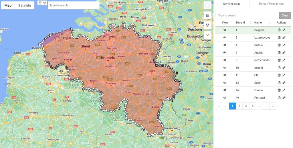 CodiCo admin panel showing Belgium division with zone map and division list for airport transfer management