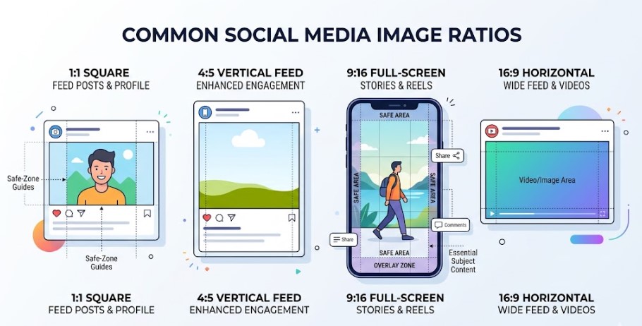 Infographic showing common social media image ratios including 1:1, 4:5, 9:16 and 16:9