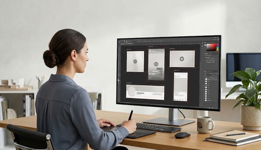 Designer preparing social media visuals on a desktop screen with different image layouts